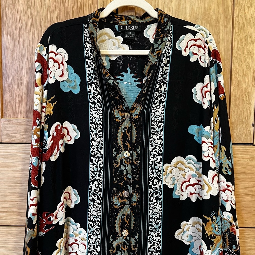 Citron Santa Monica Dragon Print Silk Blouse Top Black Size 3X Chinese Oriental - Picture 2 of 8